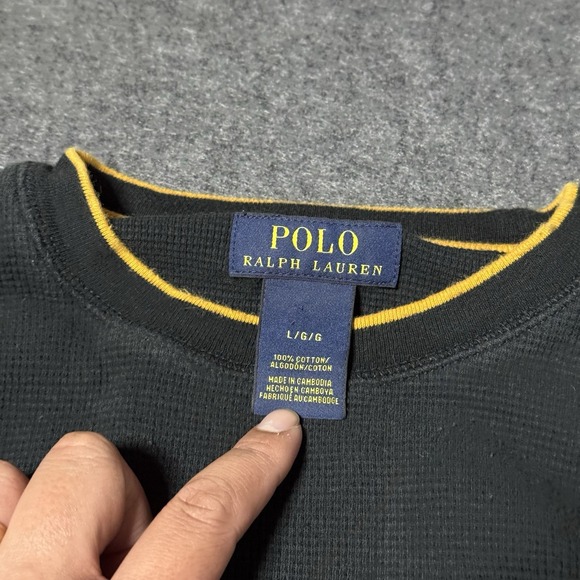 Polo Ralph Lauren Men's Thermal Shirt Long Sleeve Size L Black Yellow Trim - Picture 3 of 6